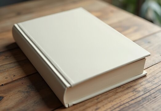old book on wooden table, A hardcover book with a blank front cover for custom design