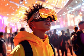 Young person exploring digital world with VR headset	