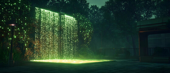 Obraz premium Glowing Green Waterfall Portal In A Dark Forest At Night With Digital Particles And Light Beams Illuminating The Abandoned Structure