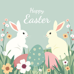 Two adorable Easter bunnies sitting in a spring meadow with colorful decorated eggs and blooming flowers. Cute pastel cartoon illustration with greeting text. Perfect for holiday greetings and designs
