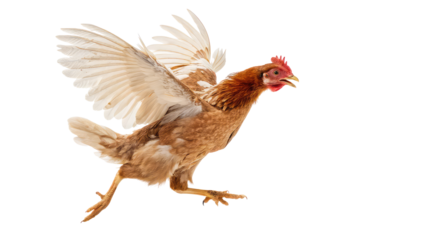 High-quality hen in action with lifted feet and open wings suitable for agriculture marketing backyard poultry visuals and realistic farm animal artwork on transparent background PNG