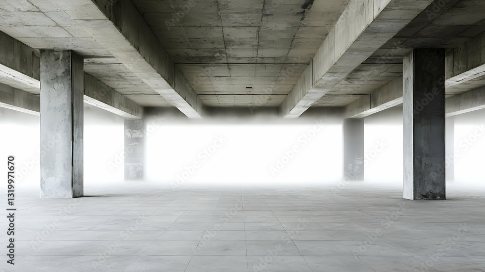 Poster concrete structure interior with support columns and bright light illuminating the empty space