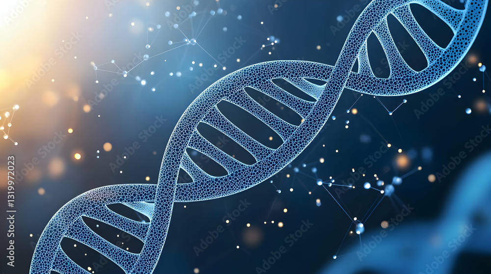 Poster blue glowing dna double helix structure with abstract network connections on a dark background repre