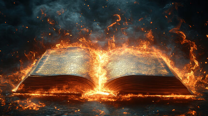 Eerie fire ignites ancient book dark fantasy setting digital art mysterious environment low angle view captivating concept