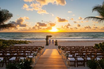 Obraz premium Beach wedding setup at sunset with glowing lanterns 