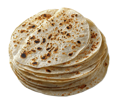Freshly Made Stack of Traditional Flour Tortillas with Charred Spots and Rustic Texture Showing Authentic Mexican Flatbread Isolated on Transparent and White Background - Powered by Adobe