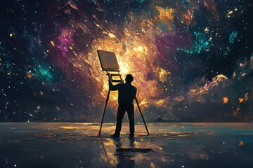 Artist painting a cosmic vortex in a surreal dreamscape	
