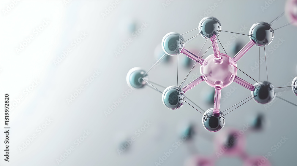 Poster 3d render of pink and teal molecular structure with interconnected atoms on a light teal background 