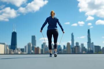 Woman exercising on rooftop with city skyline view	