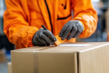 Warehouse worker labeling a package for shipment	