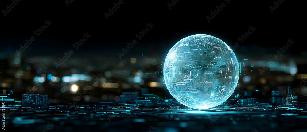 Poster luminous blue digital sphere with binary code against a blurred cityscape at night in futuristic tec