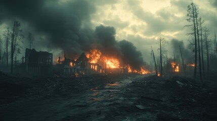 Obraz premium War-Torn Town Burning Landscape
