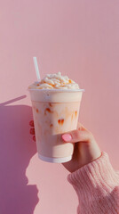 Iced latte in disposable cup with straw in hand on pink background. Cold summer coffee.