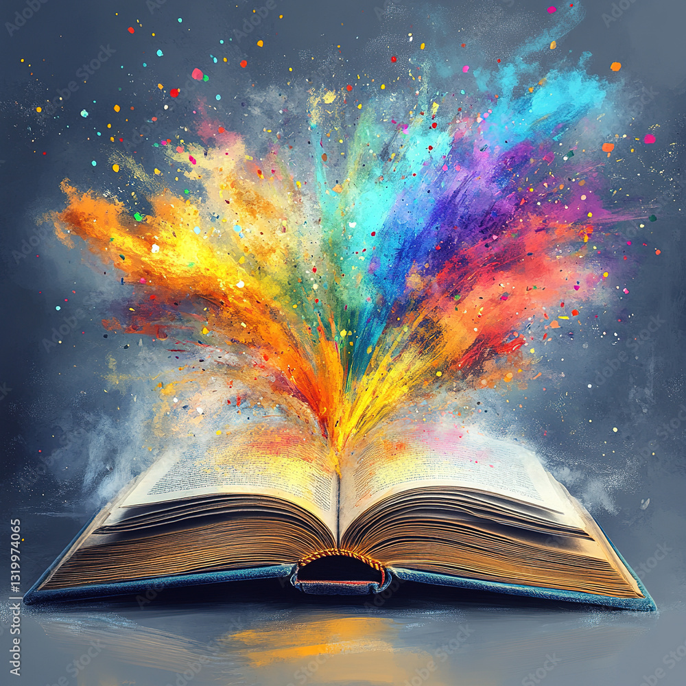 Poster exploring creativity through colorful artistry in an open book studio environment artistic perspecti