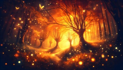 Fototapeta premium Surreal enchanted forest in autumn, filled with sparkling fireflies.