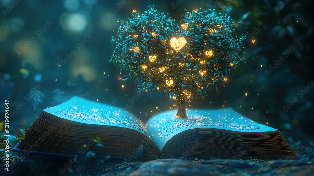 Poster enchanting heart-shaped tree from an open book in a magical forest setting fantasy art dreamy enviro