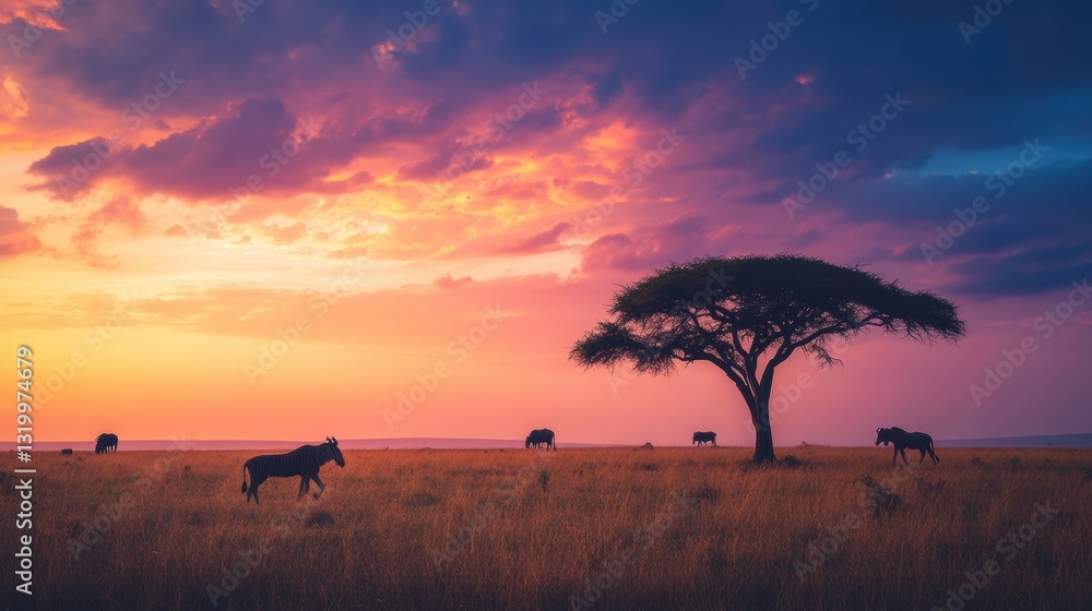 Aufkleber Silhouettes of animals wander across the savannah at sunset with vibrant colors and acacia trees adding to the adventurous atmosphere