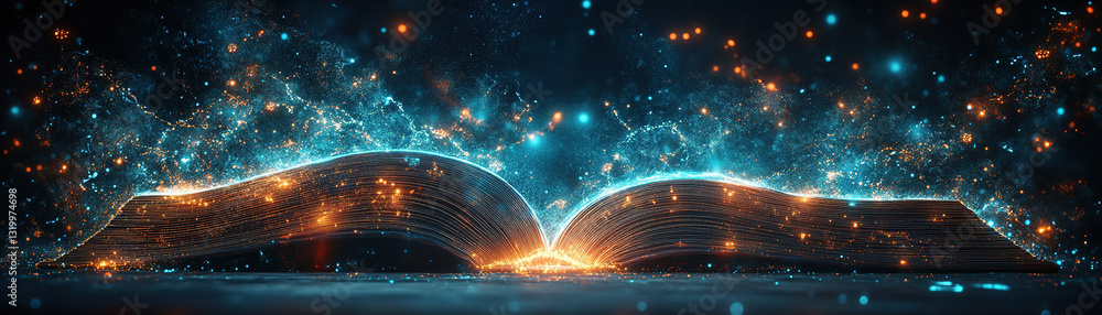 Poster illuminated open book digital realm fantasy art cosmic environment close-up view imagination unleash
