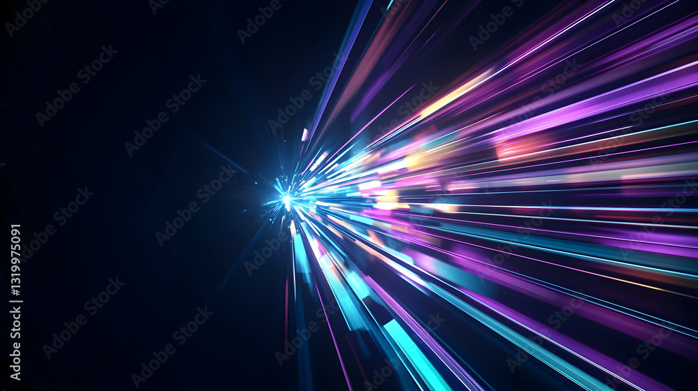 Poster abstract light speed streaks with blue and purple pink glowing lines trails beams and perspective zo