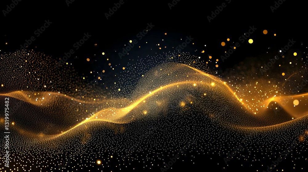 Poster abstract gold particle wave flowing on black background with glowing sparkle and dynamic motion for 