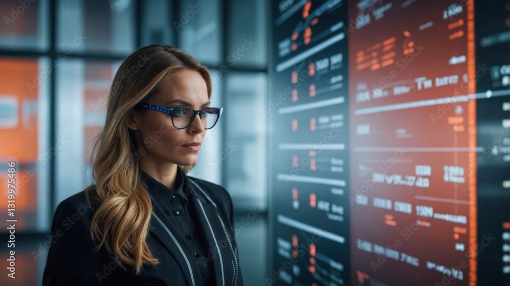 Poster focused analyst reviewing complex data displayed on digital screen in modern office environment. ser