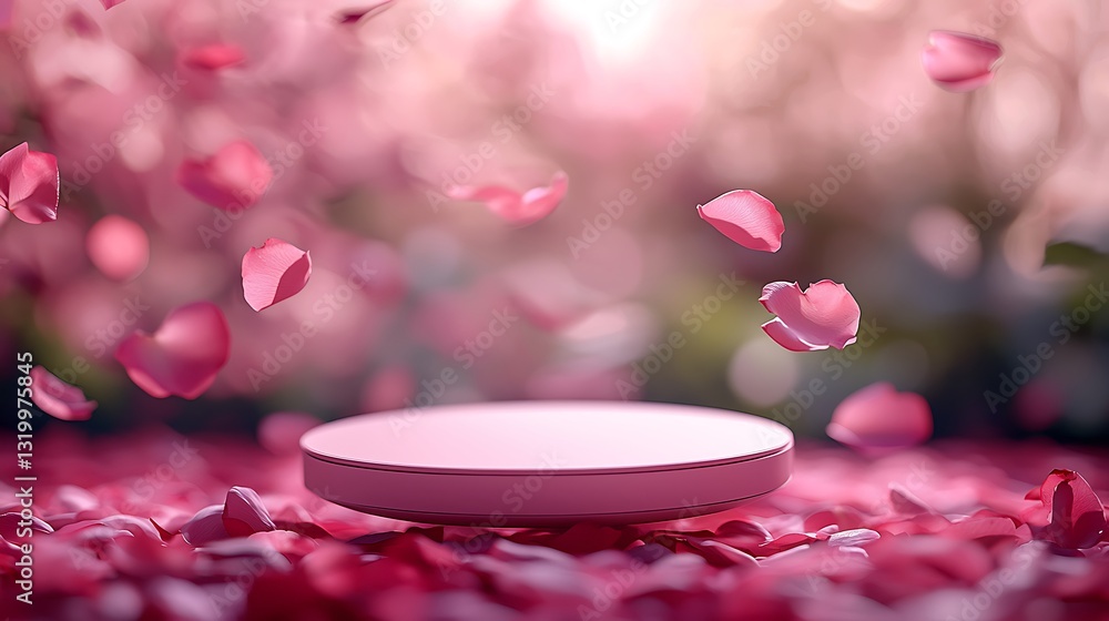 Poster pink product display platform with falling petals