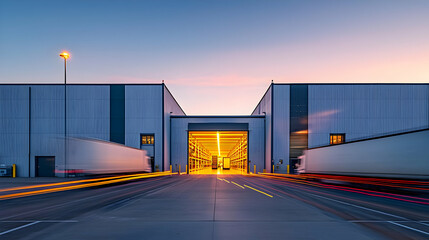 Obraz premium Illuminated Loading Dock of a Modern Distribution Warehouse with Motion Blurred Trucks at Twilight
