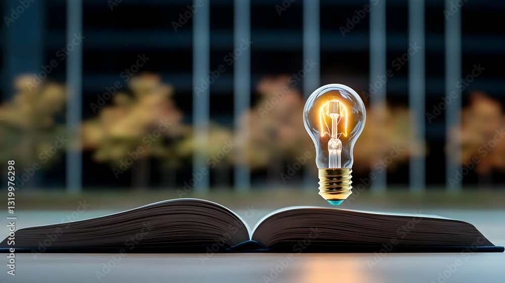 Poster open book illuminated by a glowing lightbulb representing knowledge and creative thinking