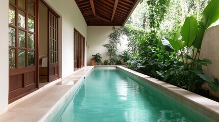 Fototapeta premium Zen Oasis: A long, inviting swimming pool stretches before us, flanked by elegant wooden-framed doors and lush greenery, creating a serene, modern retreat.