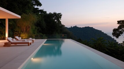 Fototapeta premium Infinity Pool Overlooking Mountainous Horizon: Serene ambiance captured with a smooth infinity pool reflects the tranquil sky, embraced by verdant hills and lush vegetation.