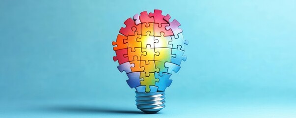 Puzzle pieces forming a bright idea bulb, innovation and creativity, watercolor style
