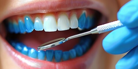 Close-up of a dental procedure showcasing a dentist performing a professional teeth whitening treatment using innovative blue gel and metal dental tools
