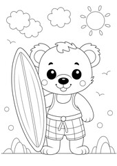 summer coloring page in A4 size, cute cartoon animal holding a surfboard. There is also a ready-to-print version on standard 8.5 x 11 inch paper.