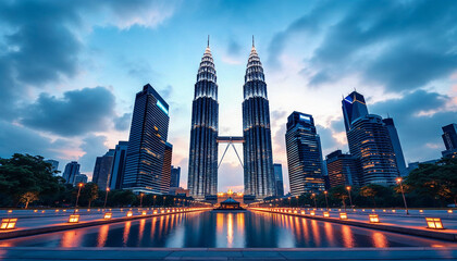 twins building tower asian malaysia in the night background