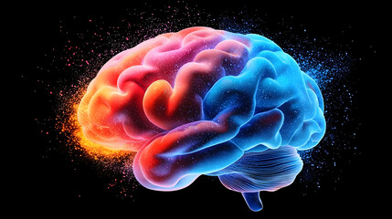 Fototapeta premium A Colorful 3D Rendered Human Brain with Glowing Particles on a Dark Background for Science and Innovation Concepts