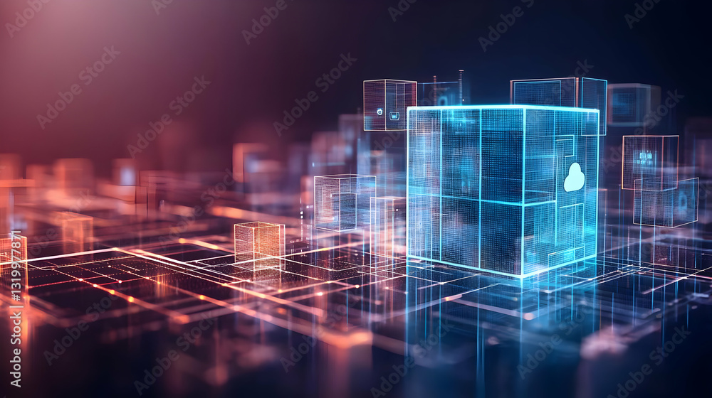 Aufkleber abstract digital network of illuminated blue and orange cubes representing data and technology