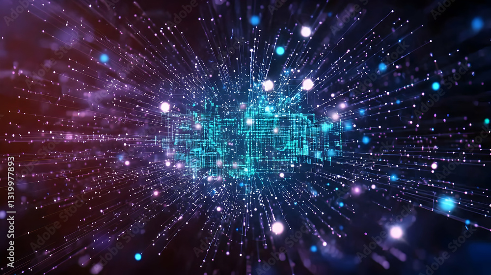 Poster abstract digital network visualization in blue and purple with glowing light particles and futuristi