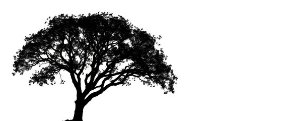 Single, majestic tree silhouetted against a pure white backdrop, white background, serene