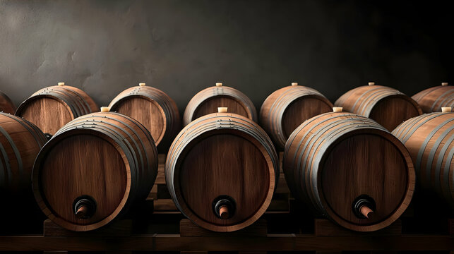 Rows of Rustic Oak Wine Barrels in a Dark Cellar with Warm Lighting and Textured Stone Walls Showing Traditional Winemaking Techniques