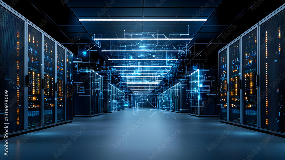 Poster futuristic data center with glowing blue lights and digital data flow in dark server room with moder