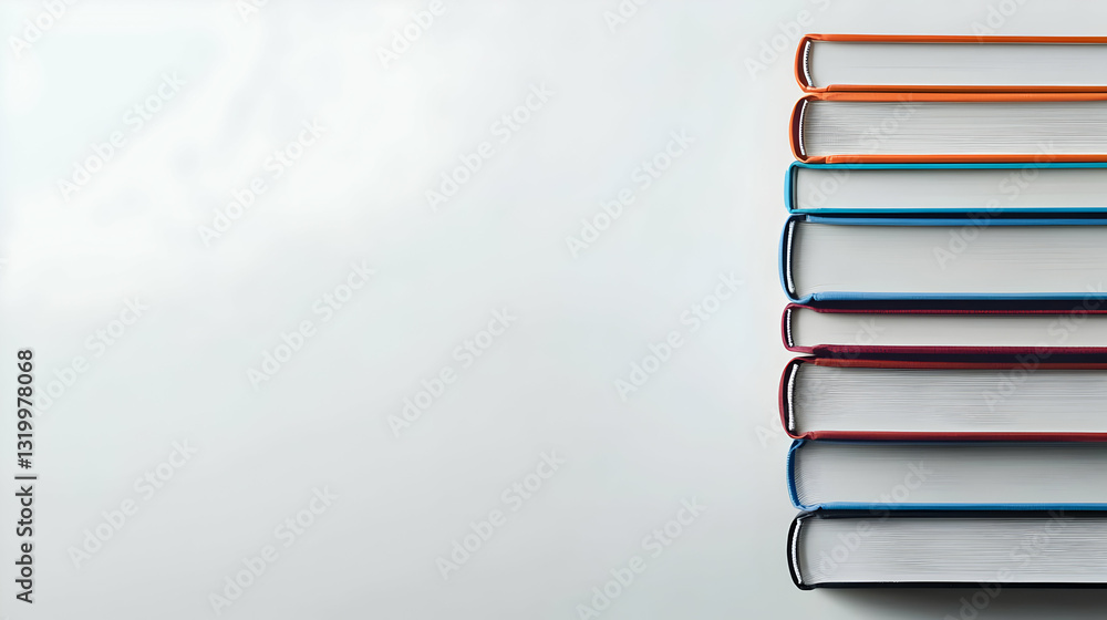 Poster vertical stack of colorful books on white background with copy space for text education and study co