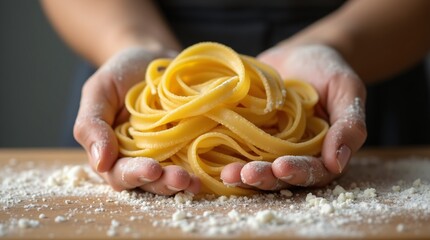 A close-up shot depicts a pair of hands gently holding a nest of uncooked fettuccine pasta on a wooden surface dusted with flour. 