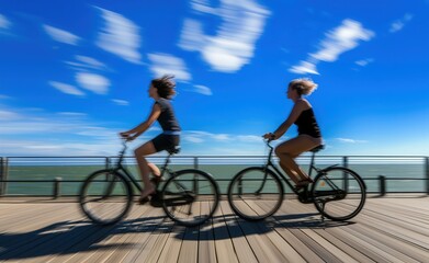 Two young women riding bikes together against the sea scape on a sunny summer day, blurred shot