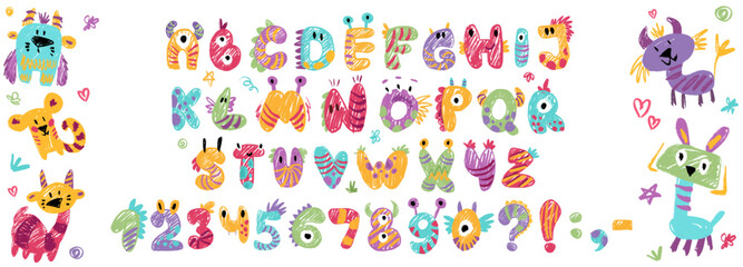 Crayon Monster kids font, doodle funny playful alphabet, hand drawn letters and numbers. School wax crayon abc for educational banners in kindergarten. Vector children illustration with cute monsters