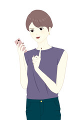 スマホを笑顔で操作する女性