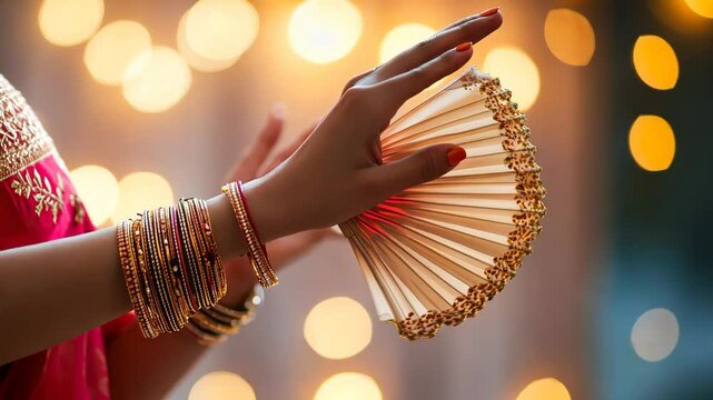 Elegant hand with bangles holding a decorative fan against bokeh lights