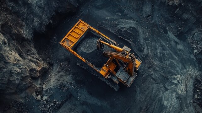 Aerial view of excavator loading ore into dumper truck at mine.