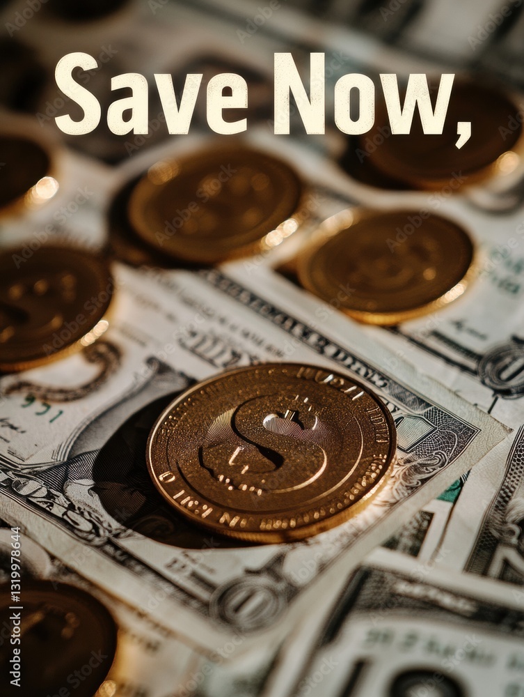 Poster scattered golden coins and banknotes with a highlighted message emphasizing the importance of saving