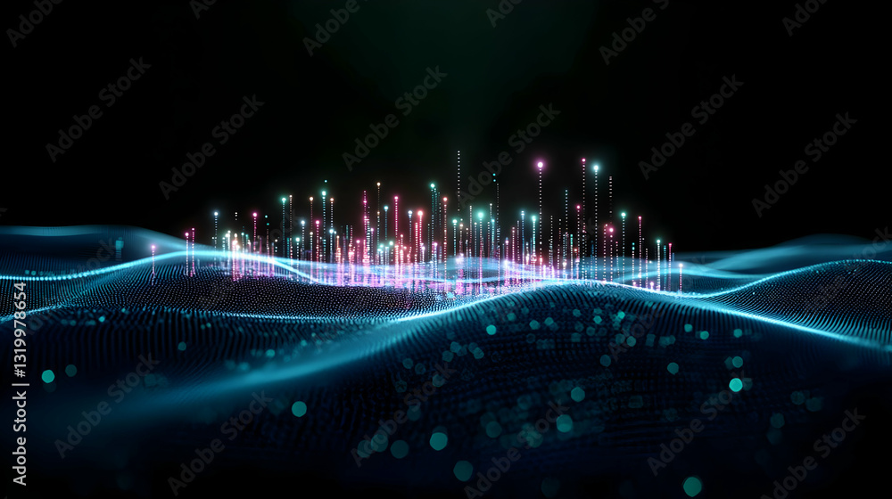 Poster abstract digital data visualization displaying technological network with glowing blue and pink ligh