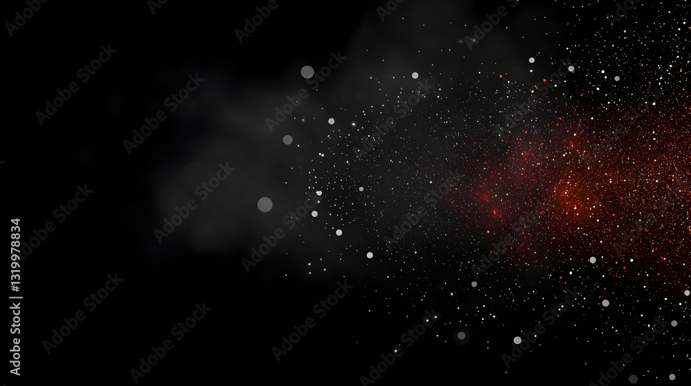 Poster abstract background with glowing red orange and white particles on black background with subtle smok